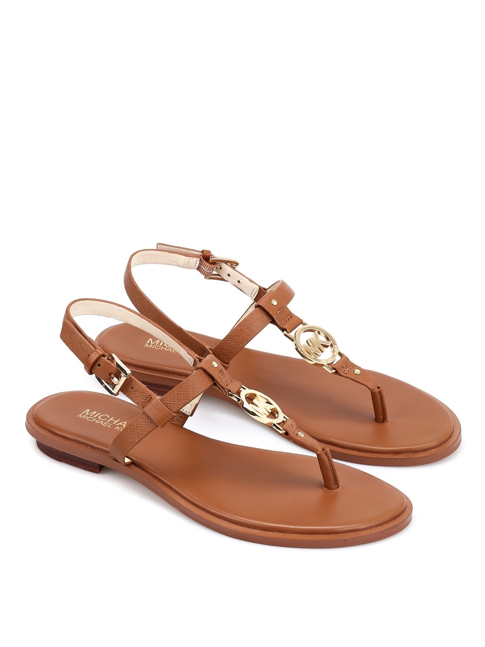 Michael Kors Sonra Leather T-Strap Sandals with Gold MK Emblem